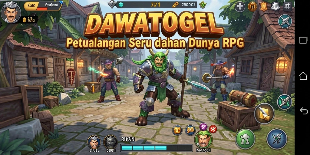 Tampilan gameplay DAWATOGEL dengan pertempuran seru dan karakter menarik.