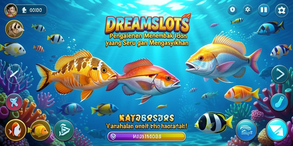 Tangkapan layar dari permainan DREAMSLOTS menampilkan aksi menembak ikan yang mendebarkan.