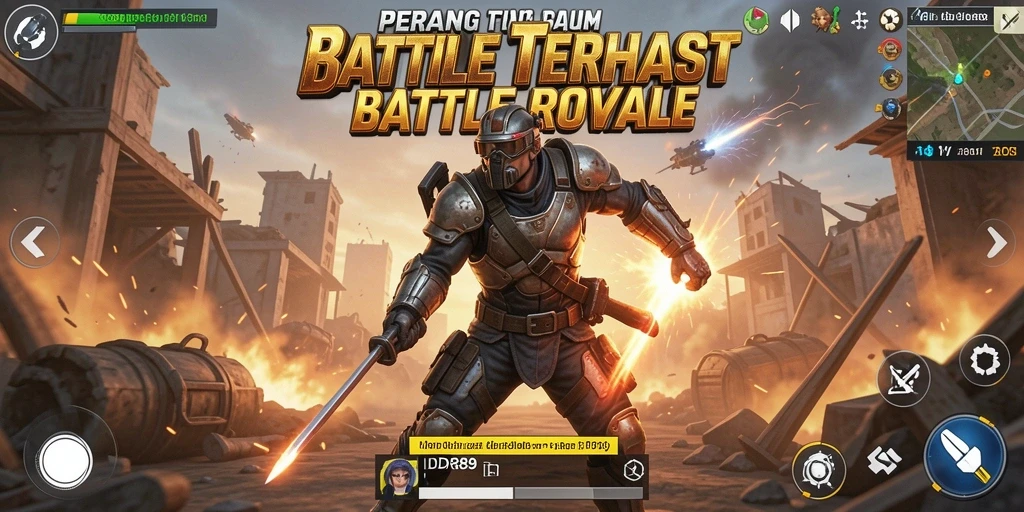Screenshot menunjukkan aksi pertempuran intense di arena Battle Royale.